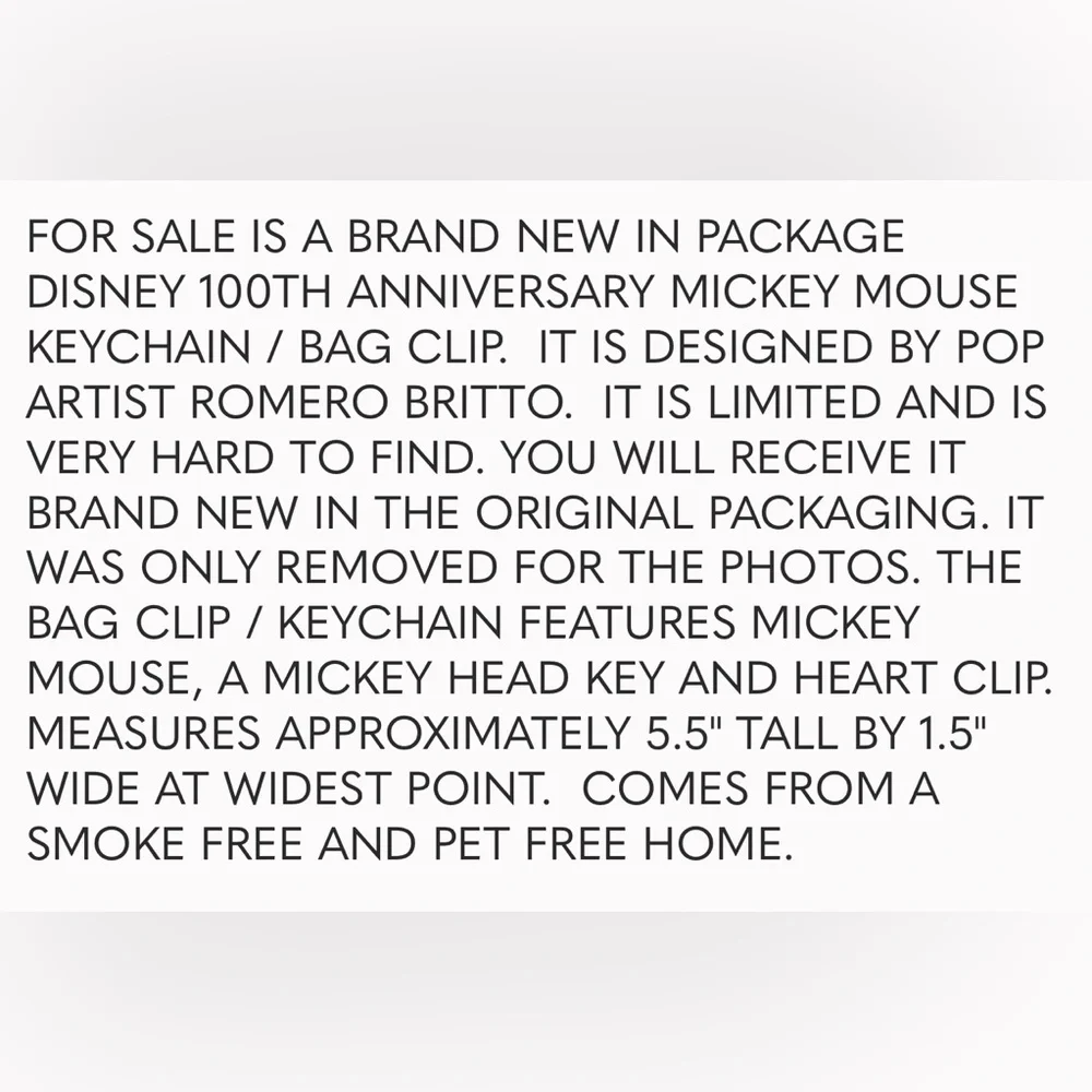 BNWT MICKEY MOUSE 100TH ANNIVERSARY KEYCHAIN BY POP ARTIST ROMERO BRITTO 2023